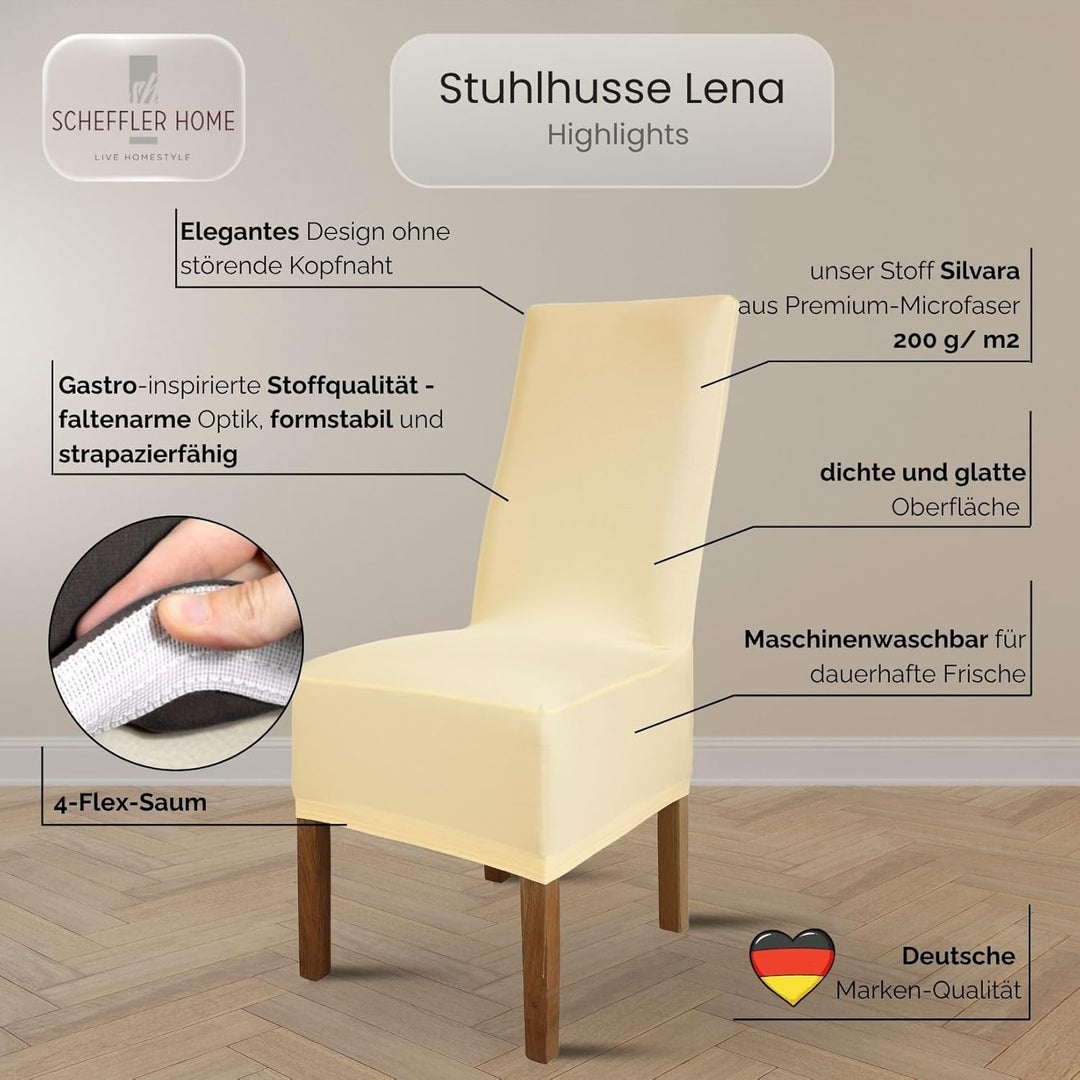 Scheffler Home Stuhlhussen 4er Set Creme Lena – Stretch Stuhlbezüge für Polsterstühle und Esszimmers