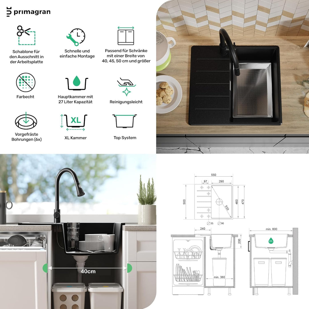 Granitspüle Schwarz 55x50cm, Spülbecken 1 Becken + Ablauf-Set + Küchenarmatur + Schneidebrett, Küche