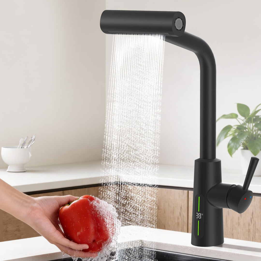 KAIYING Wasserhahn Küche Ausziehbar mit Temperaturanzeige (Batterielos), Hochdruck Wasserfall Küchen
