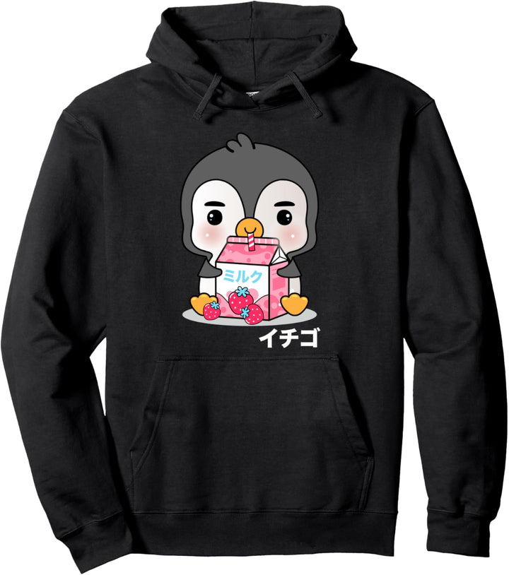 Kawaii Pinguin Japanische Erdbeere Milchgetränk Pinguin Pullover Hoodie