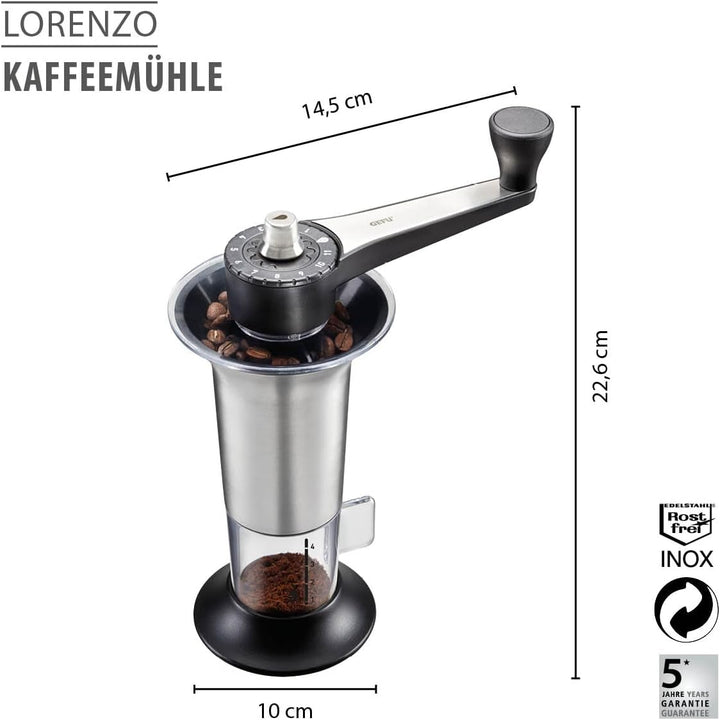 GEFU Kaffeemühle LORENZO | Manuelle Kaffeemühle mit Keramikmahlwerk, 11 Mahlstufen &amp; Aromadeckel | F