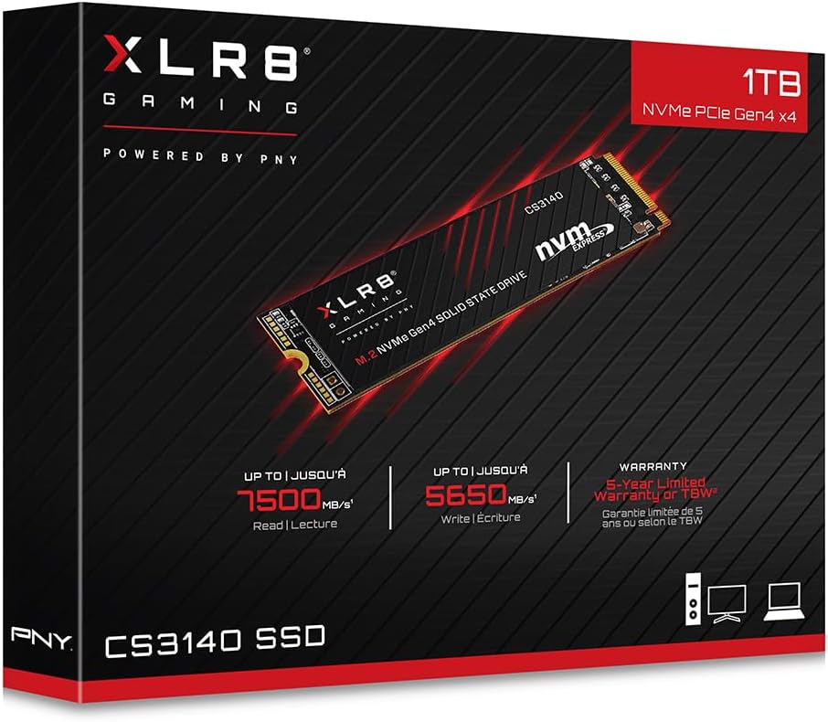 PNY XLR8 CS3140 M.2 NVMe Gen4 x4 Internal Solid State Drive (SSD) 1TB, Lesegeschwindigkeit bis zu 75