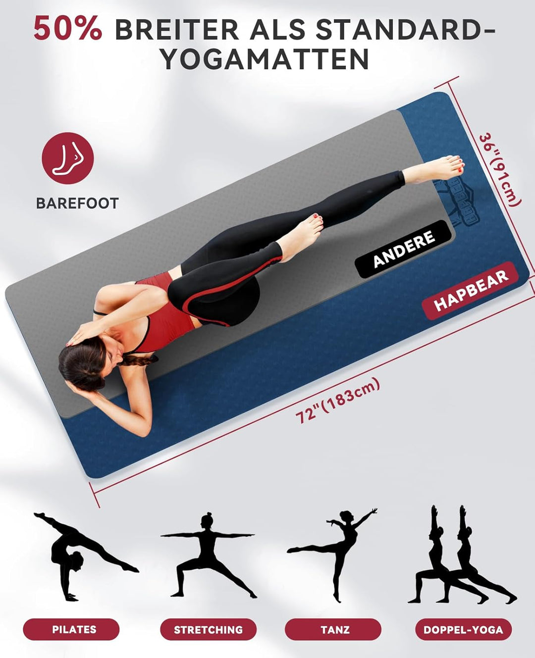 HAPBEAR Yogamatte XXL - 183cmx91cmx6mm Dicke, Extra Gross Rutschfest Breit Yoga Matte, Gymnastikmatt