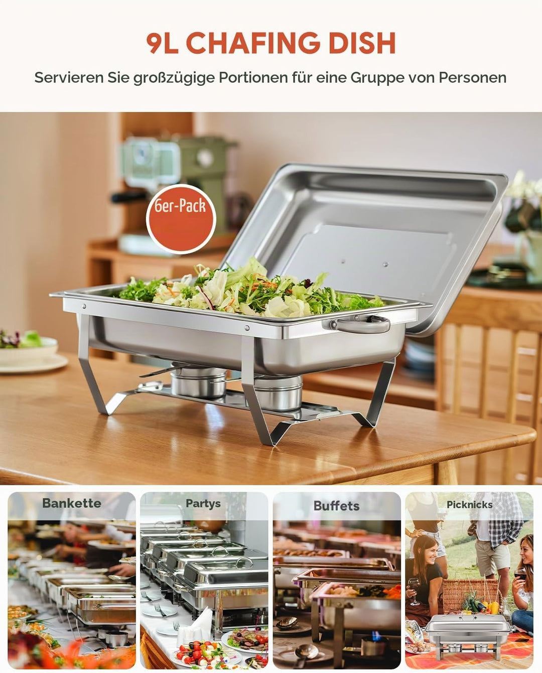 Wilprep Chafing Dish Speisewärmer 9L 6pcs Edelstahl Warmhaltebehälter Wärmebehälter Edelstahl Buffet