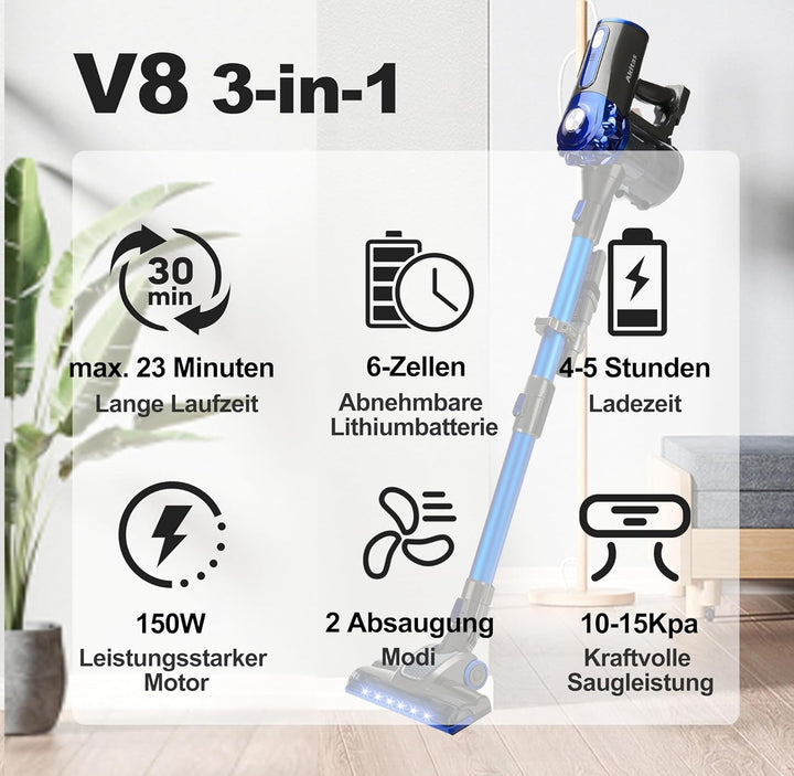 Akitas V8 22,2V 150W 3-in-1 Staubsauger Kabellos Akku Stielstaubsauger Handstaubsauger leicht, kompa