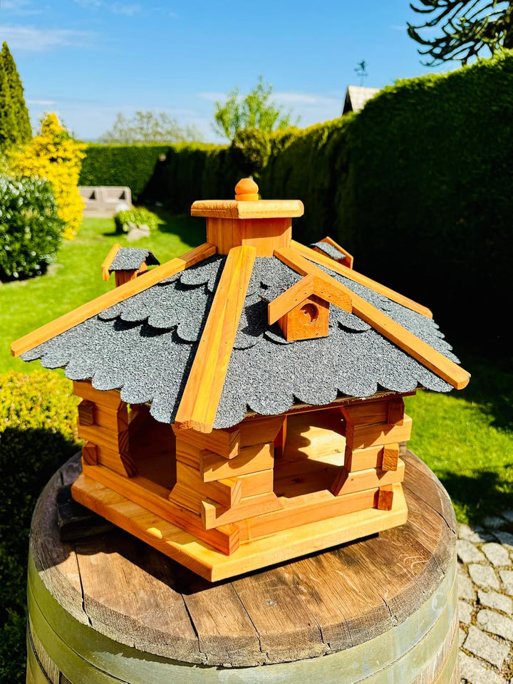 DARLUX Handgefertigtes Sechseck Vogelhaus aus Holz wetterfest M - XXL mit und ohne Ständer I Futterh