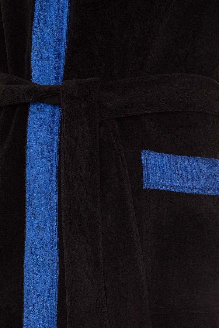 REVISE Herren Bademantel RE-855 - mit Bambus faser - mit Kapuze - Saunamantel S Schwarz mit Blau, S