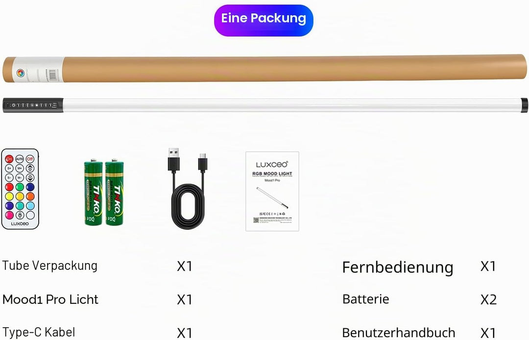 LUXCEO Mood1 tragbares LED-Video-Lichtstab, dimmbar und Speicher, integrierter 2000 mAh Akku, 120 cm
