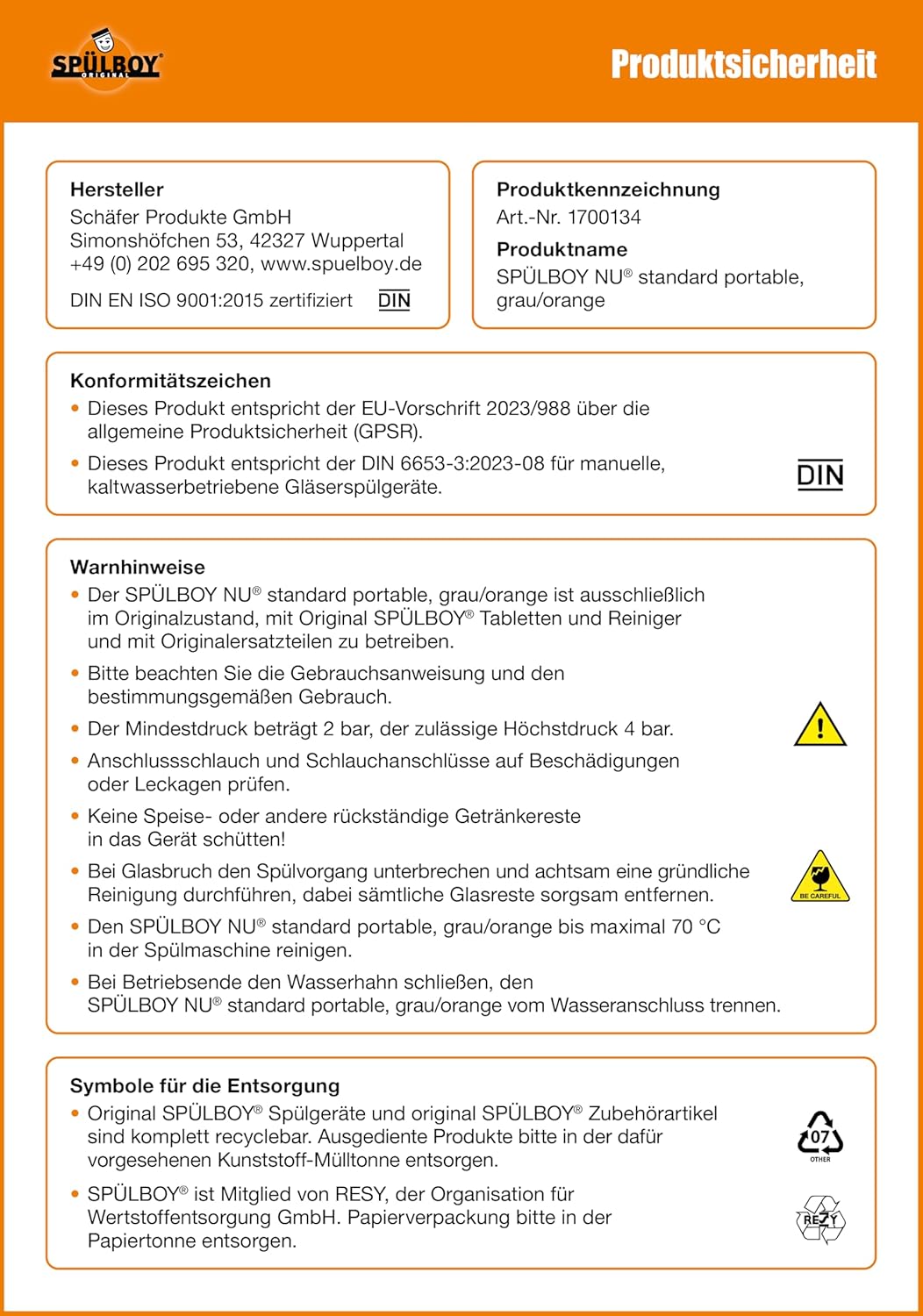 SPÜLBOY®NU inkl. Zulaufschlauch, Ablaufschlauch