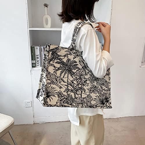 NCDUANSAN Grosse Kapazität Handtasche Leinen Baumwolle Blume Stickerei Retro Exquisite Doodle Mode E