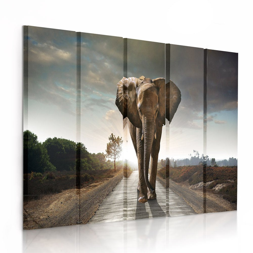Feeby Frames, Leinwandbild Bilder Wand Bild - 5 Teile - Wandbilder Kunstdruck (Elefant, BRAUN) 200x1