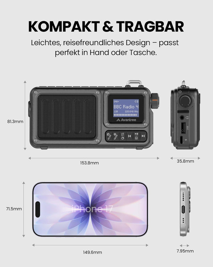Avantree SP851 – Tragbares DAB+/FM Digital Radio mit Bluetooth 6.0, Wiederaufladbar & Akkubetrieb, 5