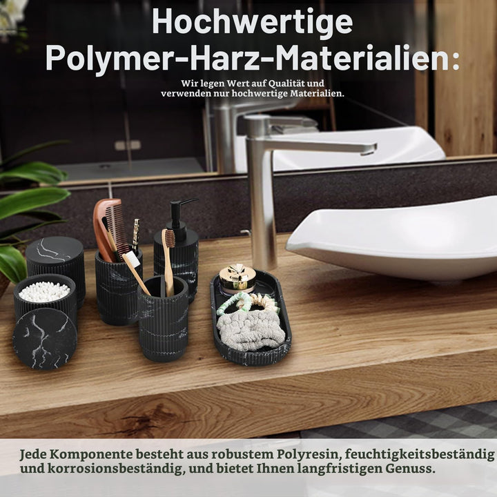 Badezimmer Set 6-TLG | Seifenspender + Zahnputzbecher mit Tablett &amp; Wattestäbchenbox | Design Streif