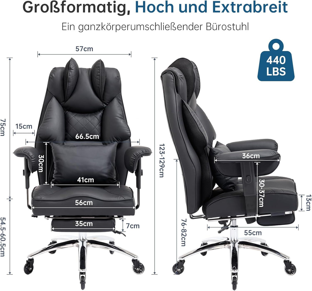 Ergonomischer Bürostuhl 200kg, Chefsessel mit Fussstütze, Schreibtischstuhl mit Lendenkissen, Bequem