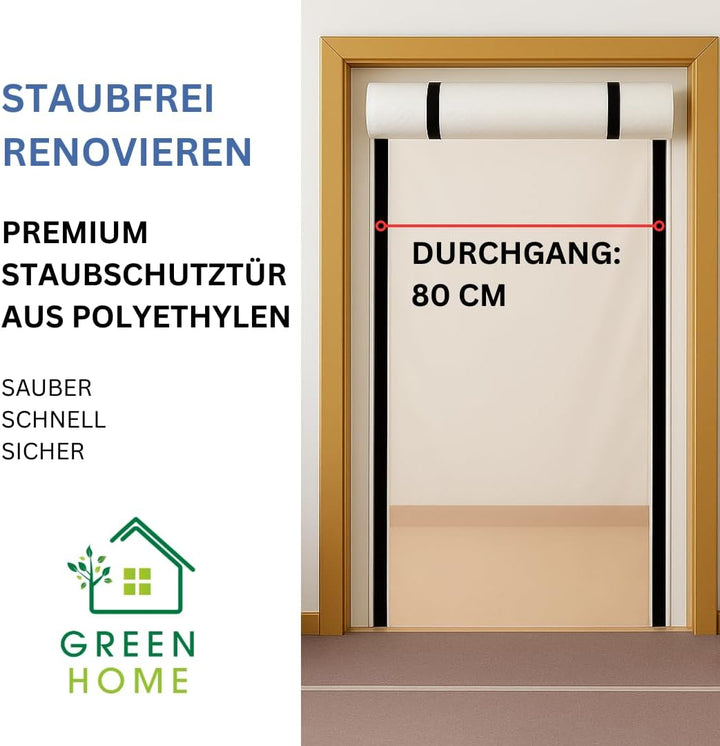 Green Home Staubschutztür Folie mit Reissverschluss Bautür [PE-Folie] 1,20 x 2,20 m inkl. doppelseit