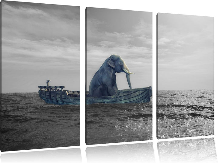 Pixxprint lustig sitzender Elefant im Boot als Leinwandbild/Grösse: 3 Teilig (120x80) cm/Wandbild/Ku