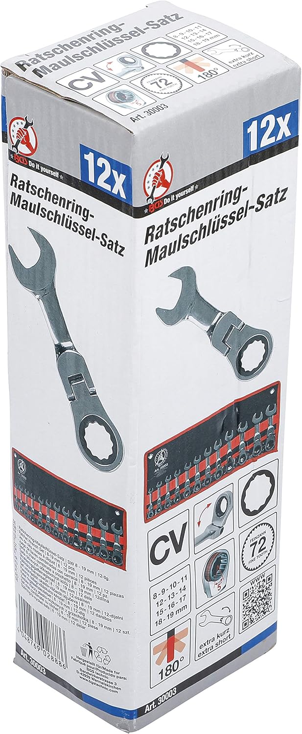 BGS Diy 30003 | Ratschenring-Maulschlüssel-Satz | extra kurz | SW 8 - 19 mm | 12-tlg., extra kurz |