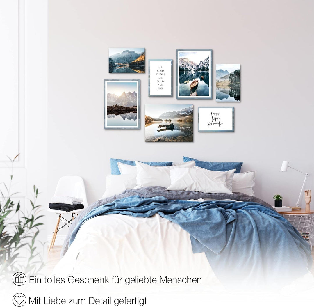 Novart Wandbilder Berge und See - KOMPLETT AUFHÄNGFERTIG - Natur Wohnzimmer Schlafzimmer- 7 Moderne