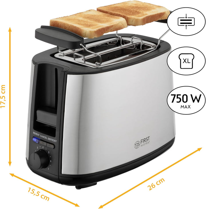 TZS First Austria 2-Scheiben Toaster i Selbstzentrierfunktion i 7 Bräunungsstufen i Auftau- und Aufw