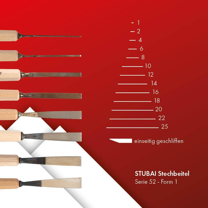 STUBAI Stemmeisen Stechbeitel Serie 52 - Form 71 | einseitig geschliffen 1 mm, mit Holzgriff, für gl
