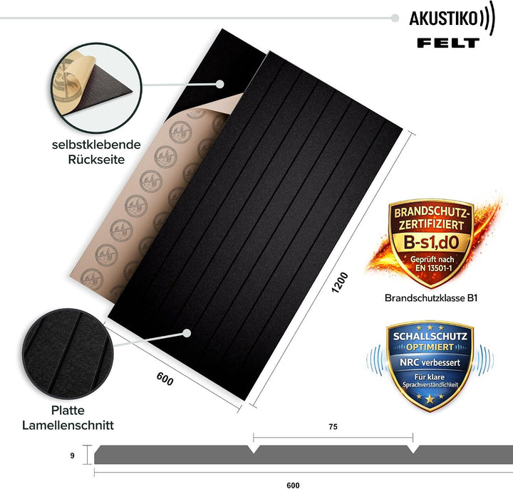AKUSTIKO Akustikpaneele Selbstklebend 120x60cm - 4 Stück Schwarz Akustik Wandpaneele Brandschutzklas