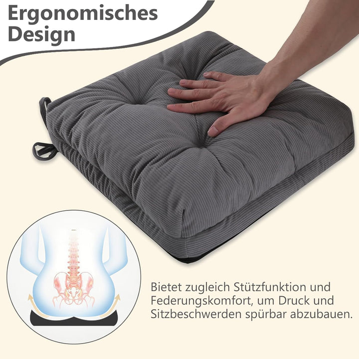 Sitzkissen, 2er Set Stuhlkissen aus Cordstoff, Memory Foam mit Doppel-Layer Design, Befestigungsriem