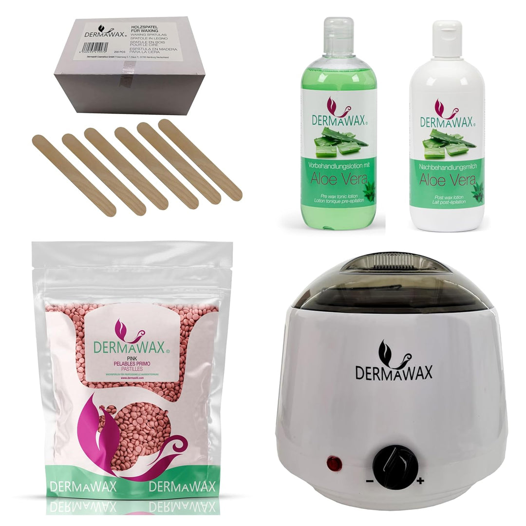 Dermawax Profi Waxing Set- 1000 ml Wachsgerät- Made in Spanien- 1 kg Pink Wachsperlen- 500 ml Aloe V