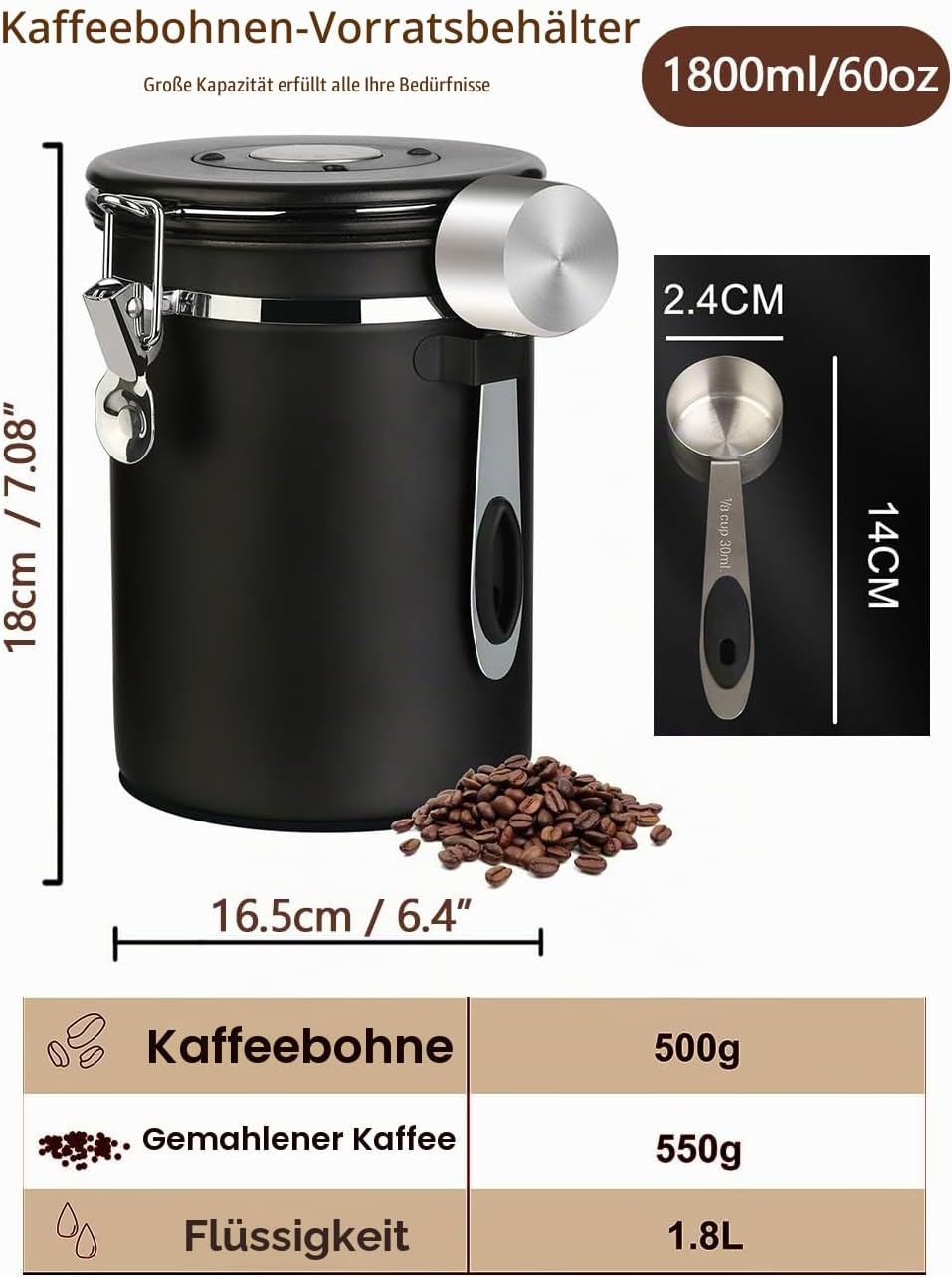 Luftdichte Edelstahl Kaffeedose, Vakuum Kaffeebehälter Kaffeebohnen Vorratsbehälter mit Datumsverfol