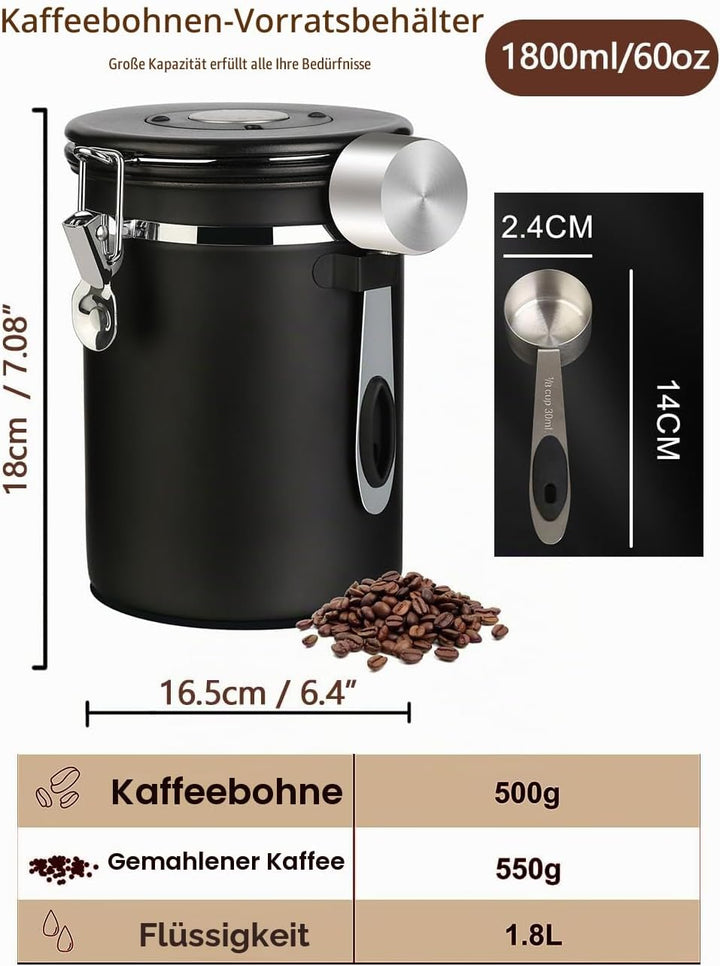 Luftdichte Edelstahl Kaffeedose, Vakuum Kaffeebehälter Kaffeebohnen Vorratsbehälter mit Datumsverfol