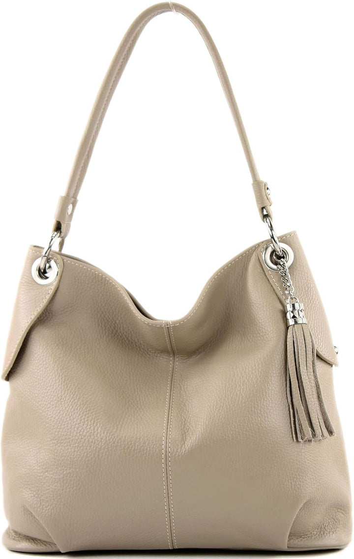 modamoda de T185 Damen Leder Schultertasche, handmade in Italy Graubeige, Graubeige