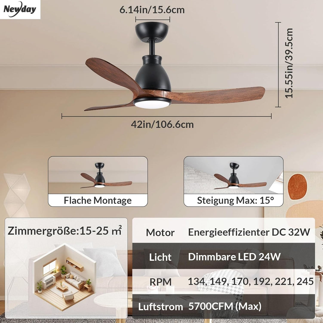Newday Deckenventilator Holzfarbe mit Licht, 106cm Deckenventilatoren mit Fernbedienung Leise, Venti