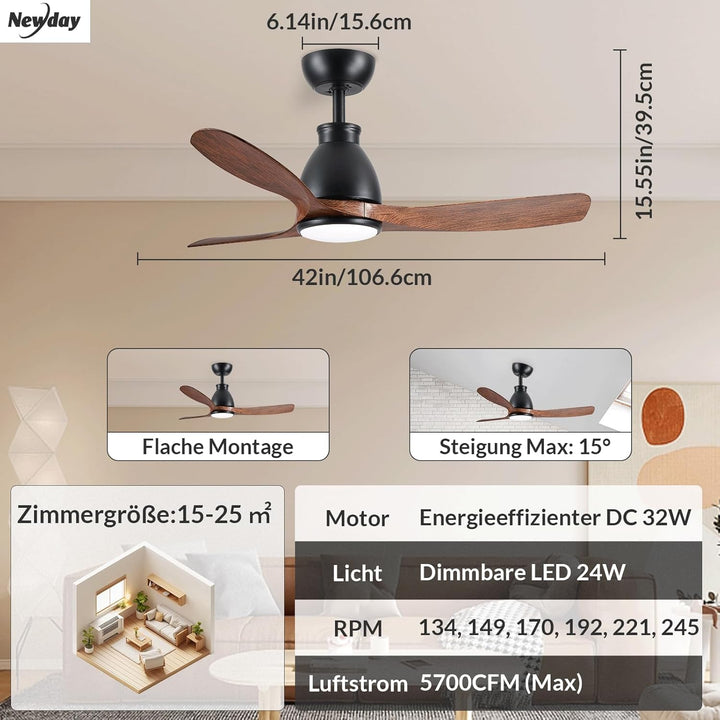 Newday Deckenventilator Holzfarbe mit Licht, 106cm Deckenventilatoren mit Fernbedienung Leise, Venti