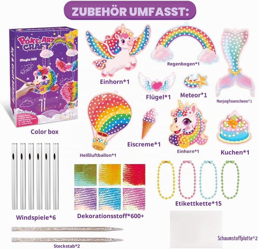JOYVOVO Poke Art Bastelset Mädchen ab 6 Jahre, Einhorn DIY Kreativset mit 9 Mustern &amp; 600+ Stoffen,
