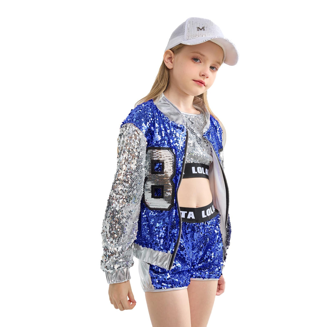 LOLANTA 4 Stück Mädchen Hip Hop Tanz Kostüm Kinder Pailletten Jazz Tanz Kleidung Set Socken angebrac
