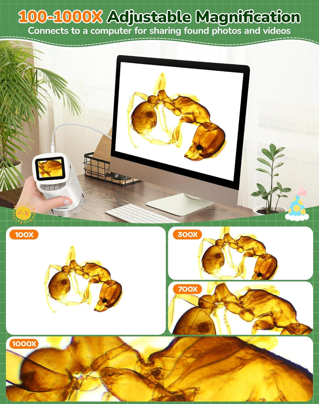 Tragbares Handmikroskop für Kinder: 1000 x Taschenmikroskop für Kinder mit 4K 5,1 cm LCD-Bildschirm,