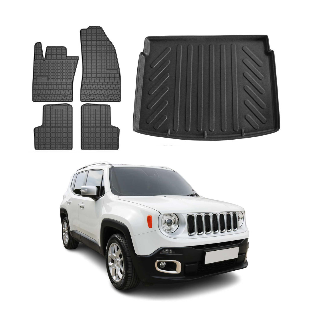 OMAC Fussmatten & Kofferraumwanne Set kompatibel mit Jeep Renegade 2014-2024 Gummi Schwarz 5X, Set R