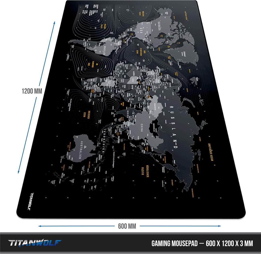 Titanwolf - Übergrösse DEUTSCHES Layout Mauspad 1200x600mm Weltkarte - XXXL Mousepad gross mit Motiv