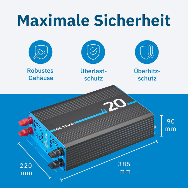 ECTIVE Reiner Sinsus Wechselrichter SI20-2000W, 12V auf 230V, USB, Überlastschutz, Überhitzungsschut