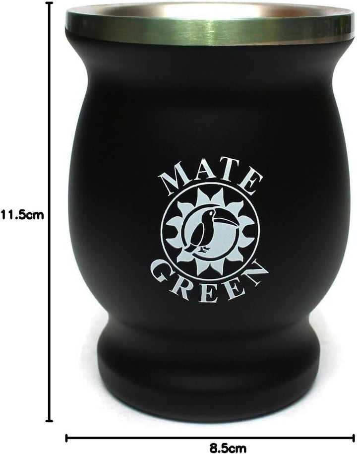 Yerba Mate-Tee Set fur Zwei Edestahl Termomate Becher Schwarz und Silver | Bombilla Stohhalm fur mat