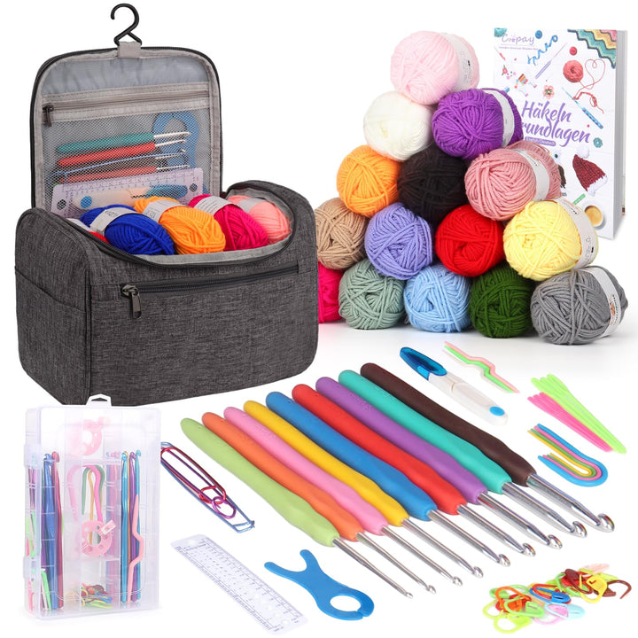 Coopay Tragbar Häkelset für Anfänger, Häkelnadel Set mit 15 Wolle, Tasche, Häkelzubehör, Ergonomisch