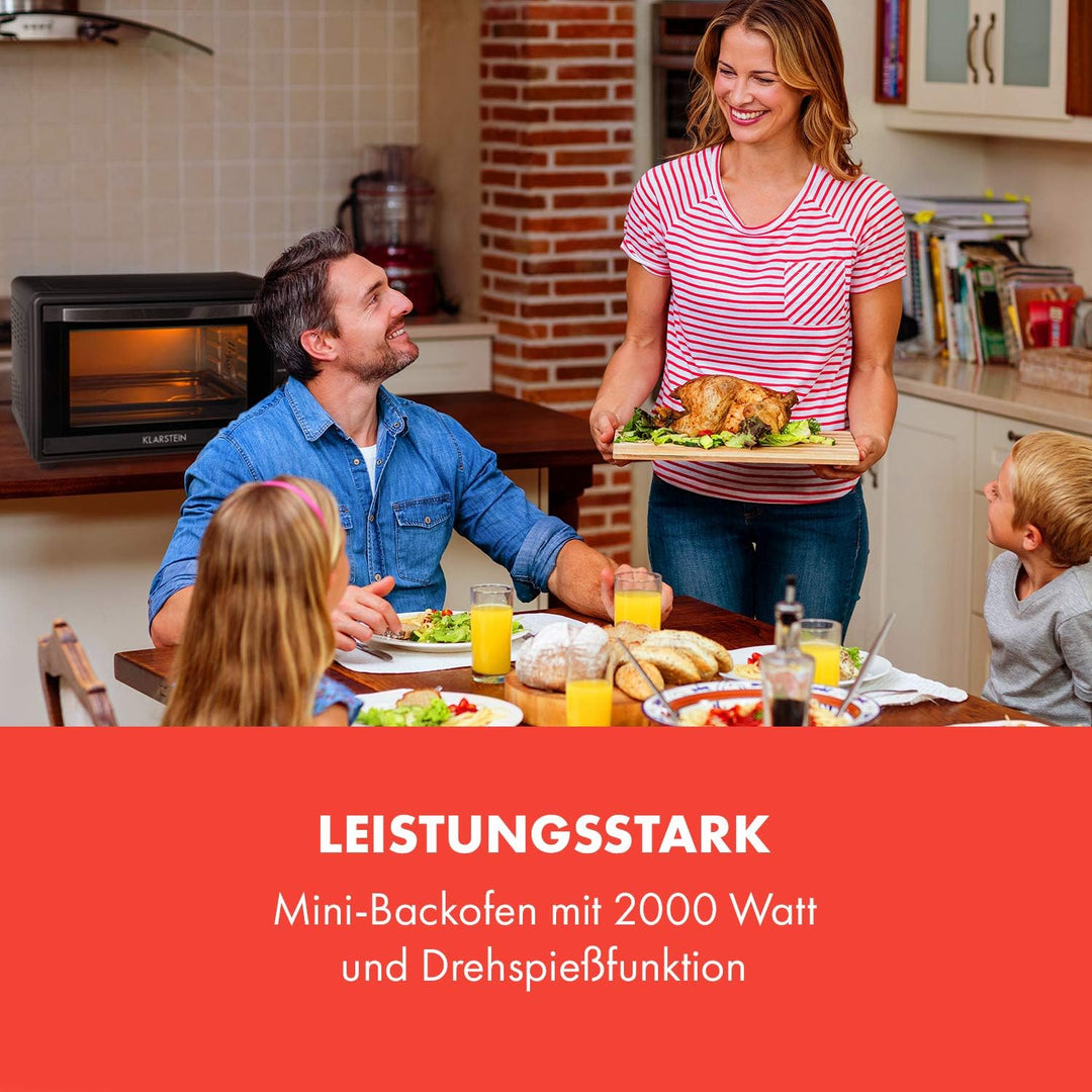 Klarstein Masterchef Minibackofen, Mini Backofen Temperatur: 100-230 °C, Ofen mit Drehspiess, Umluft