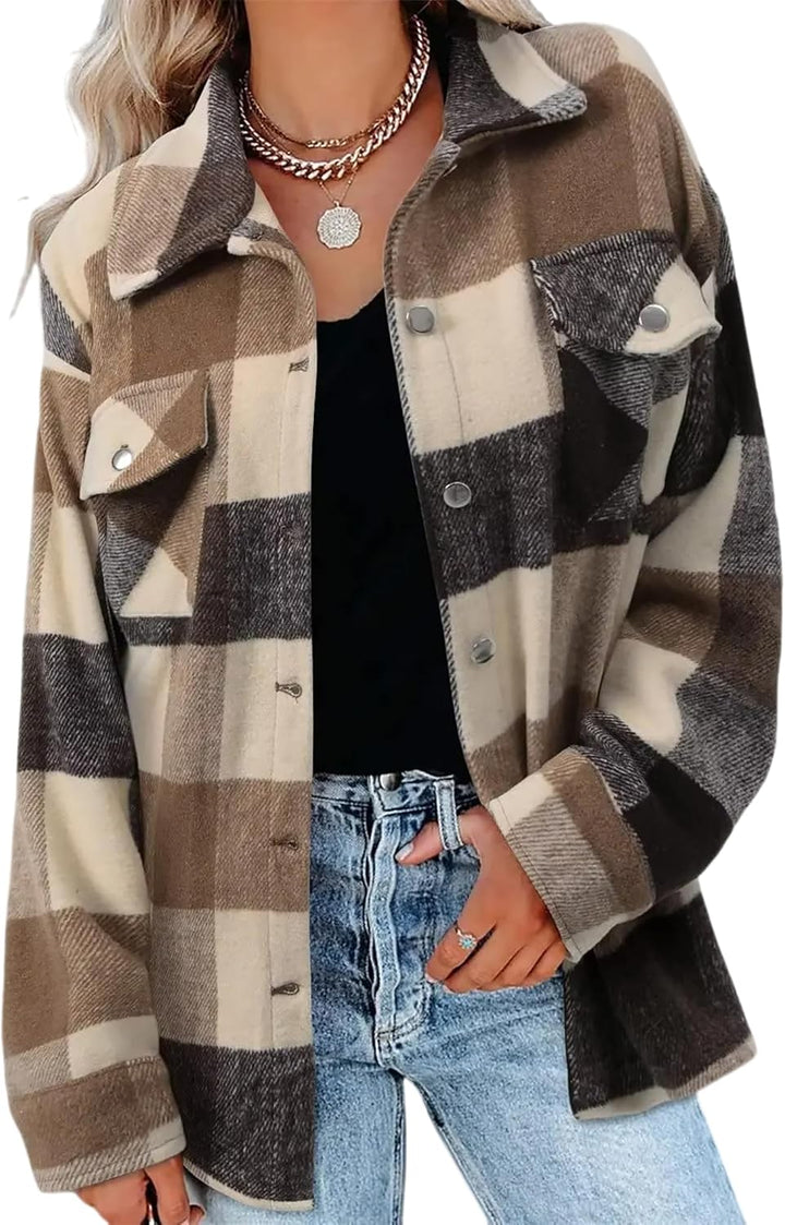Timuspo Damen Flanell Karierte Hemdjacke Lange Ärmel Baumwolle Revers Button-Down-Bluse Shacket Mant