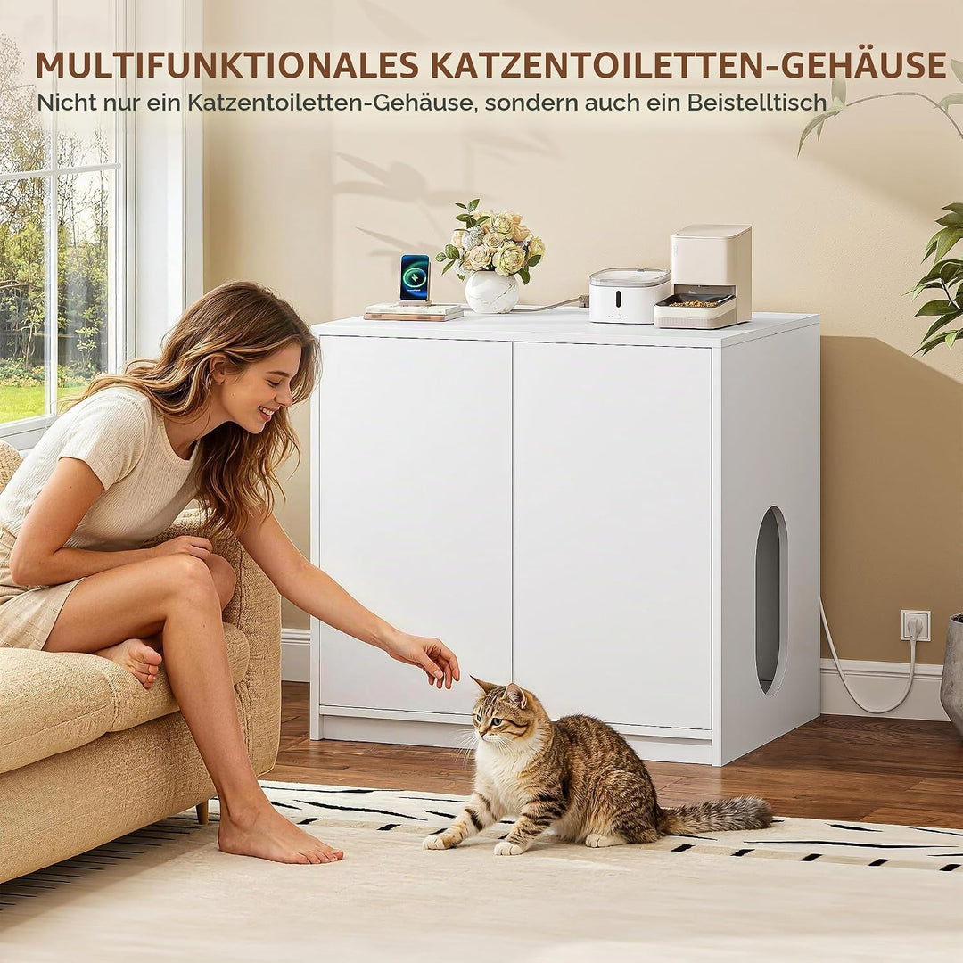 Katzenklo Schrank Versteckt mit Steckdosen, 80 x 60 x 80 cm, Weiss | Katzenschrank Möbel mit USB, fü