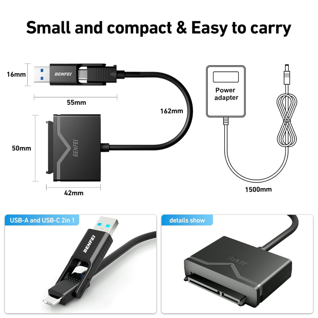 BENFEI USB 3.0 auf SATA Adapter, 2-in-1 USB C/USB 3.0 auf SATA III Festplattenadapter für 2,5 Zoll /