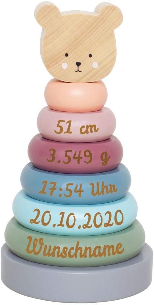 Elefantasie Stapelturm aus Holz Bär personalisierbar mit Name und Geburtsdaten Baby Geschenk mit Gra