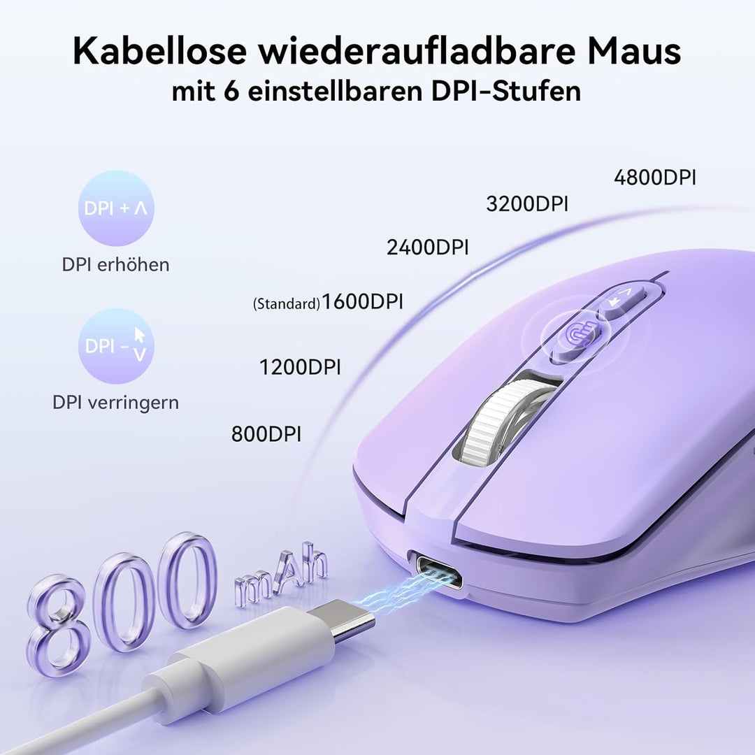 TECKNET Kabellose Maus mit Jiggler, 4800 DPI Wiederaufladbar Ergonomische Maus, 6 DPI-Einstellungen