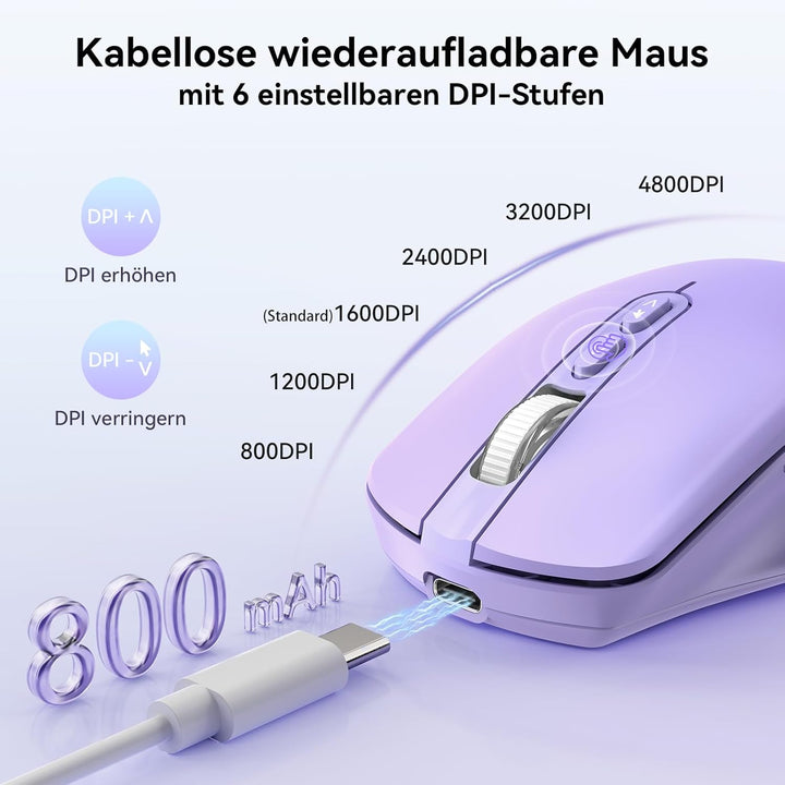 TECKNET Kabellose Maus mit Jiggler, 4800 DPI Wiederaufladbar Ergonomische Maus, 6 DPI-Einstellungen