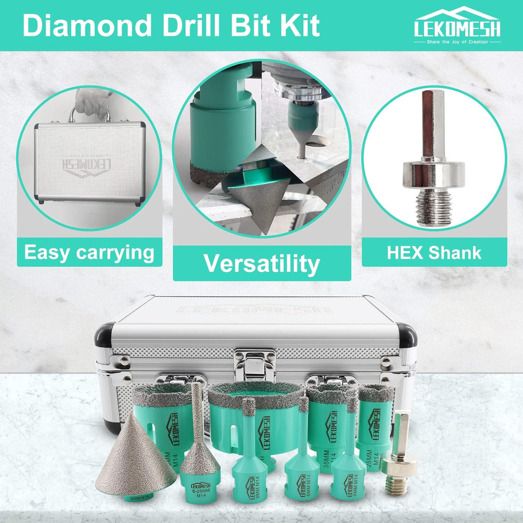 Diamant Bohrkrone Kit - 10pcs (6/6/8/25/35/50/68mm+Fasenfräser Bits(6-25mm)+50mm Diamant Fasenfräser