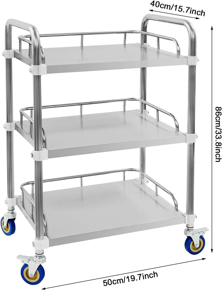 Servierwagen 3 Stöckig Edelstahl Verdickt 50x40x86cm Rollen Bremse | Verdickter Edelstahl, 25 Kg Pro