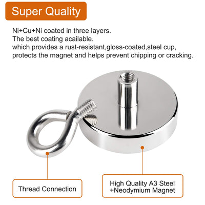 180KG Haftkraft Neodym Ösenmagnet, N52 Super Starker Bergemagnet zum Magnetfischen Ø60mm Suchmagnet